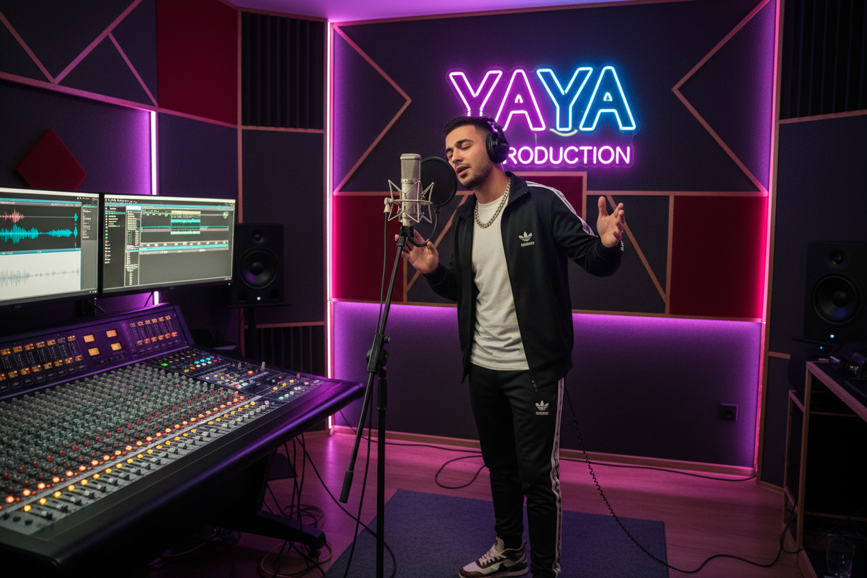 as vrea o imagine cu un artist baiat care inregistreza o piesa manele in studio YAYA PRODUCTION