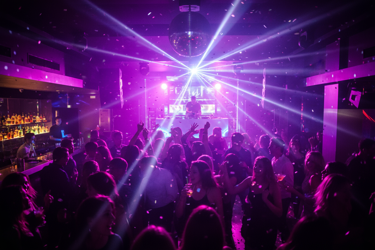 fa mi o imagine din club de la petrecere cu oameni cat mai reali gen lumini etc