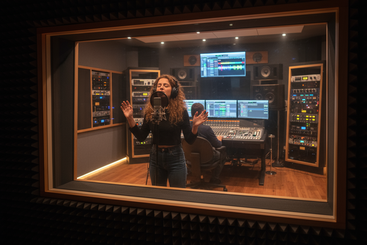 fa mi o imagine din studio ccum un artist inregistreaza o piesa